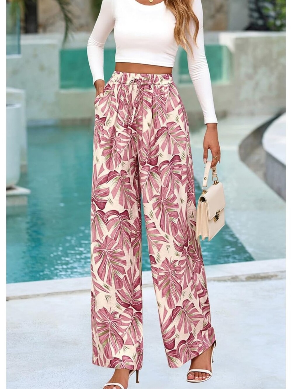Wide-Leg Tropical Print Pants in Pink Cream
